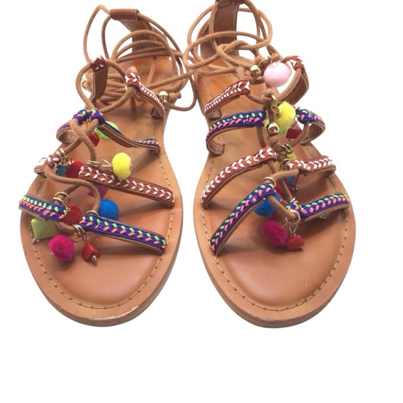 Mossimo Women’s Size 8.5 Gladiator Sandals Brown Boho Beaded Pom Pom Lace Up - Picture 6 of 12